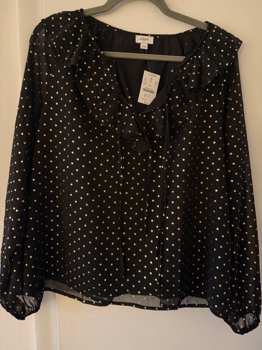 J. Crew Black Blouse with Gold Polka Dots and Ruffle Neck